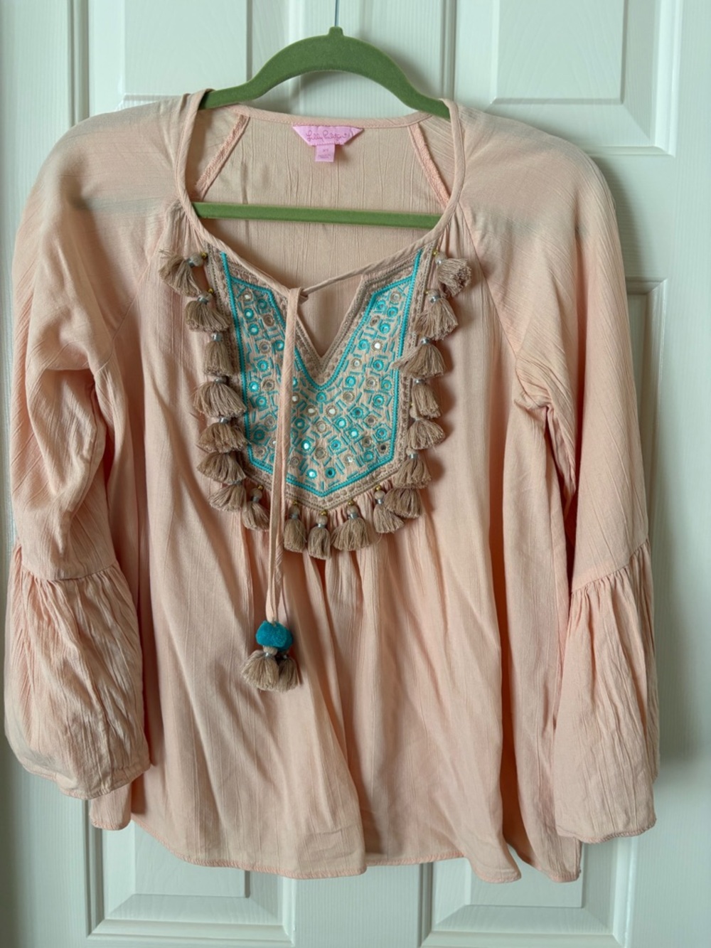 Lilly Pulitzer Peach Boho Tassel Tunic with Turquoise Embroidery